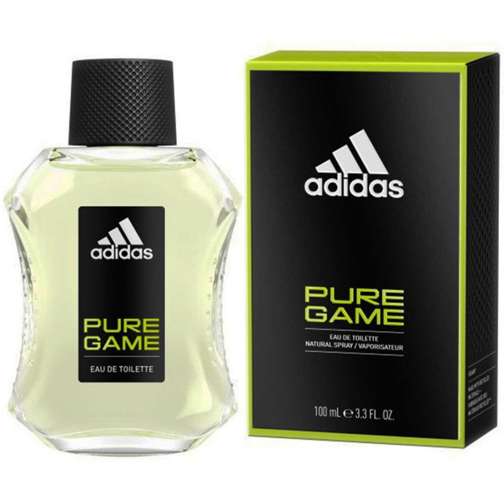 Flacon et emballage. Adidas Pure Game Eau de Toilette. Bouchon noir, flacon transparent, emballage noir avec logo et nom du produit.