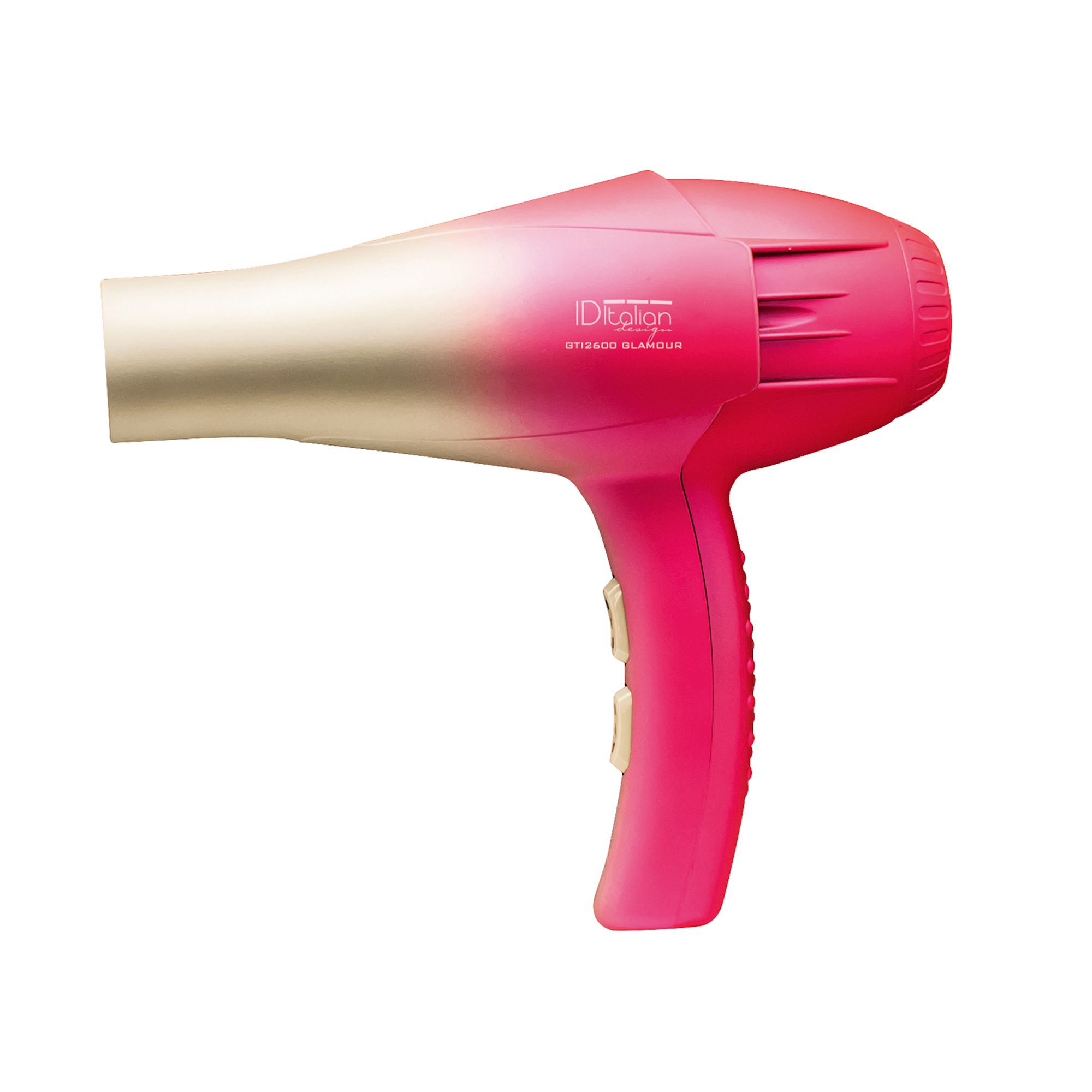 Sèche-cheveux rose et crème avec accent argenté et commandes.