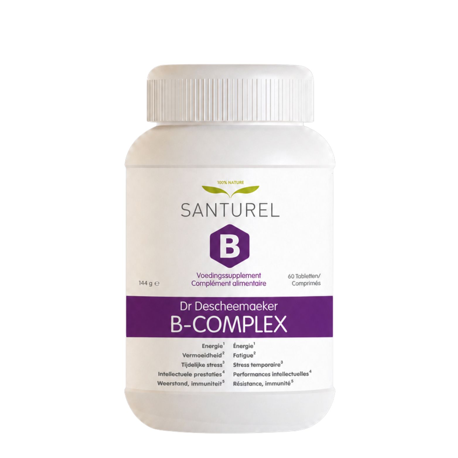 Witte fles met Santurel B-COMPLEX etiket, 60 tabletten.