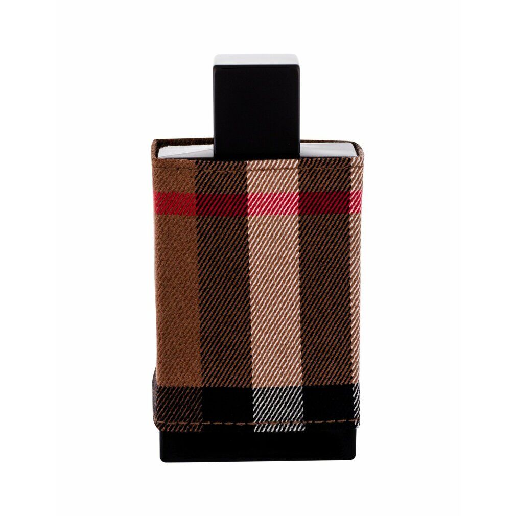 Flacon rectangulaire avec bouchon noir. Le flacon est recouvert du motif à carreaux Burberry.