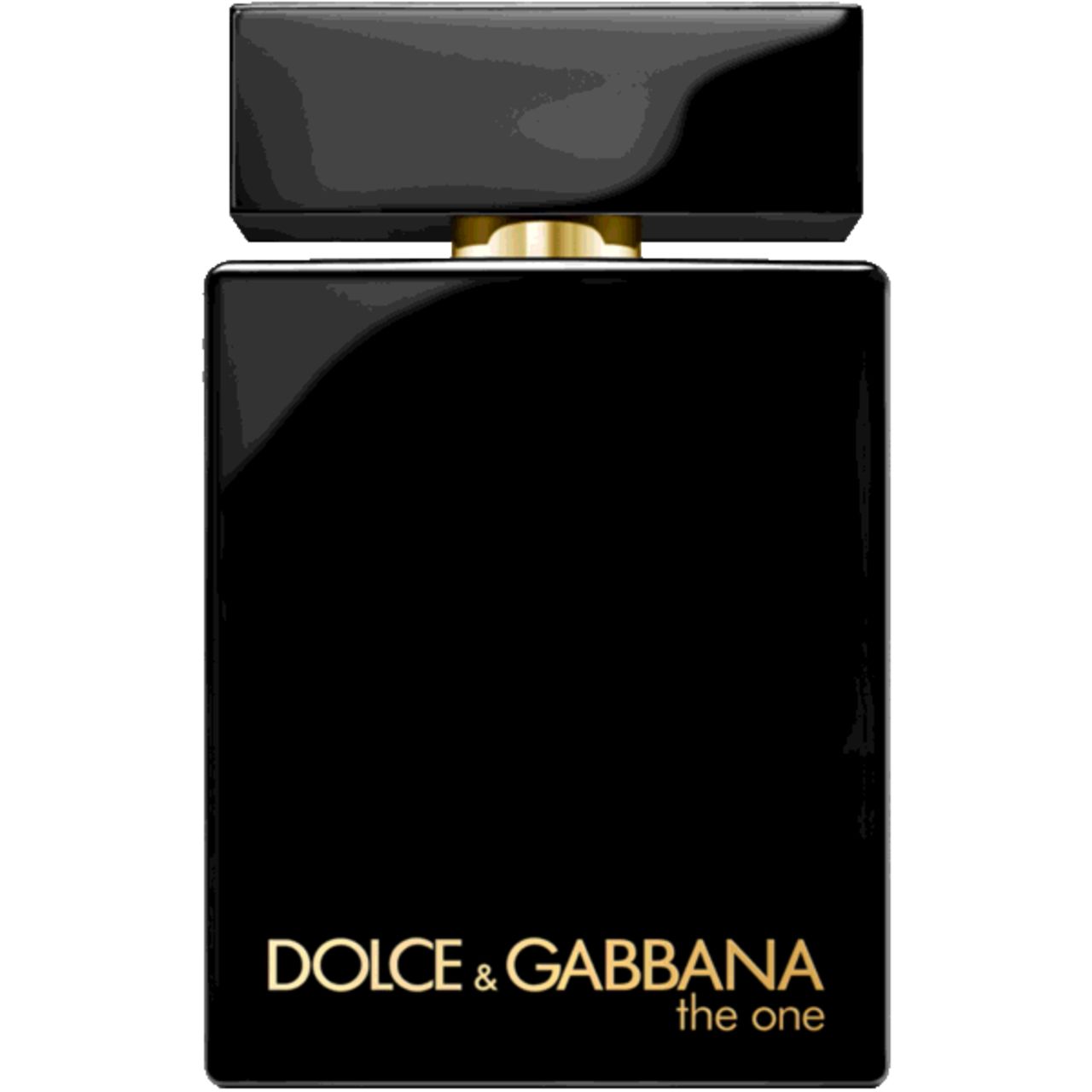 Zwarte flacon. Gouden tekst: Dolce & Gabbana The One. Voor mannen. Eau de Parfum Intense.