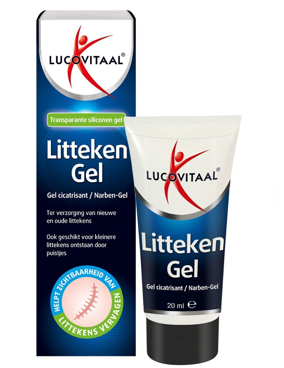 Emballage et tube de gel. Inscription: Lucovitaal, Litteken Gel, Gel cicatrisant/Narben-Gel. Contient 20 ml. Illustration d'une cicatrice.