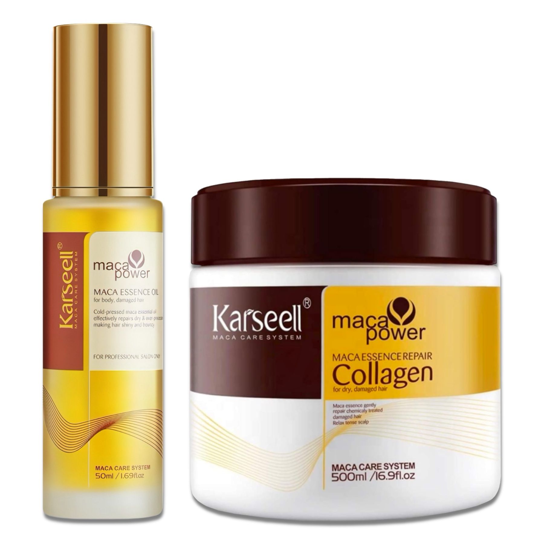 Huile Karseell Maca Essenz et Masque capillaire Maca Collagen. Flacon d'huile et pot de masque. Fond blanc. Produits côte à côte.