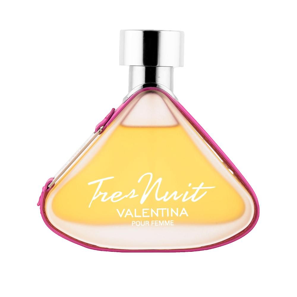 Flacon de parfum triangulaire, bordé de rose. Inscription: Tres Nuit Valentina pour femme.