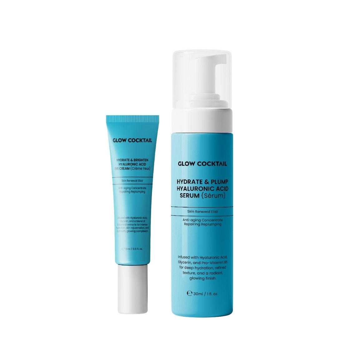 Deux produits cosmétiques bleus : un tube et un flacon pompe. Ils portent tous deux l'inscription "Glow Cocktail".