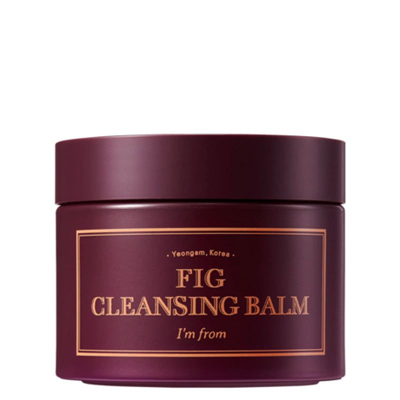 Donkerrode pot met gouden tekst. Opschrift: FIG CLEANSING BALM, I'M FROM. Deksel en etiket.