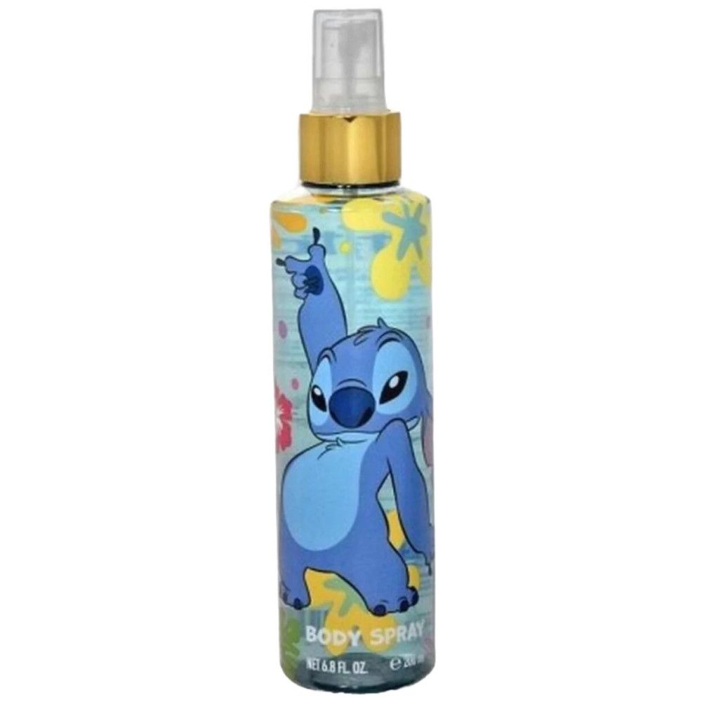 Flacon de brume corporelle avec illustration de Stitch. Cylindrique, avec vaporisateur et col doré. Inscription : Body Spray.