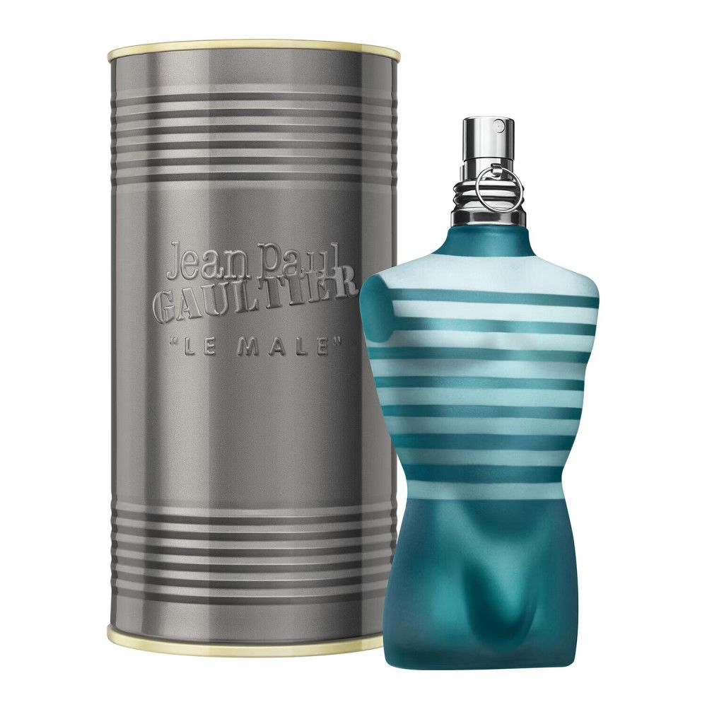 Boîte cylindrique et flacon en forme de torse. Boîte avec logo "Jean Paul Gaultier Le Male". Flacon rayé bleu et blanc.