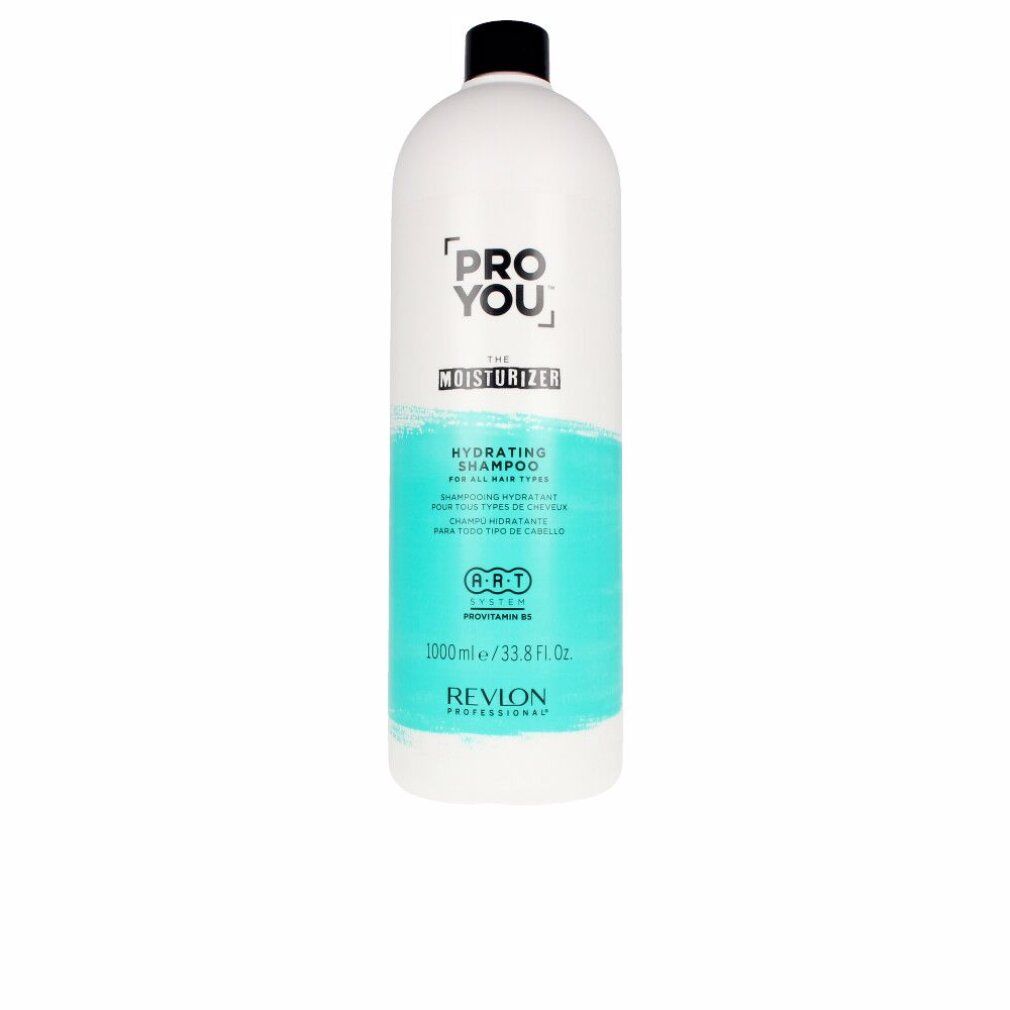Witte fles met zwarte dop. Opschrift: PRO YOU, THE MOISTURIZER, HYDRATING SHAMPOO. Turquoise streep. Revlon Professional.