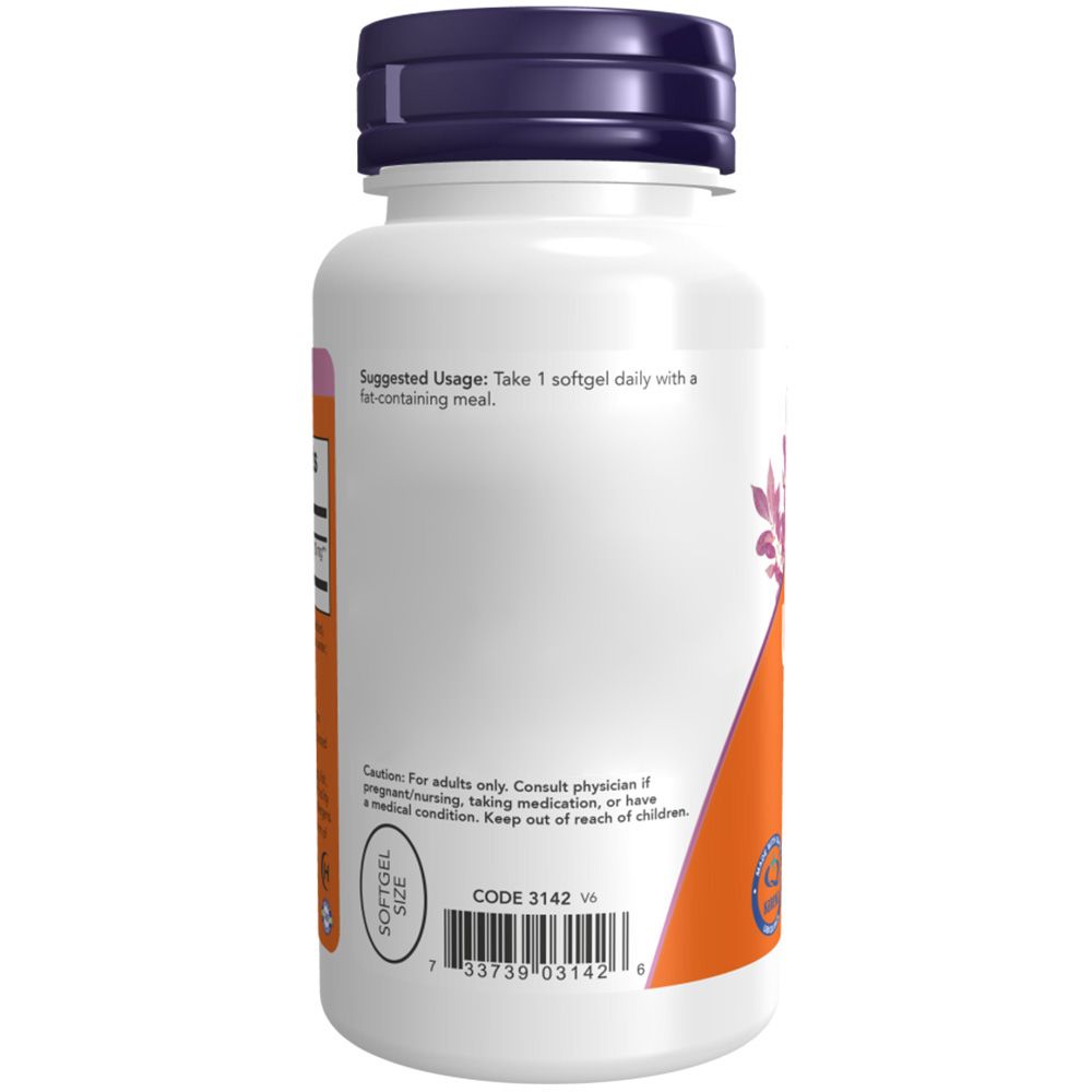 Dos d'une bouteille blanche avec bouchon violet et étiquette orange. Texte: Suggested Usage. Code-barres et taille de la gélule.