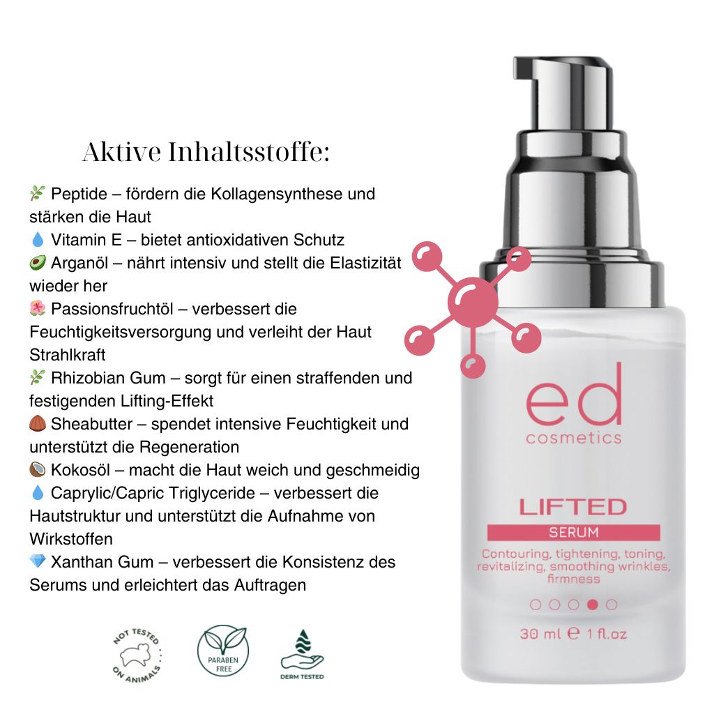 Flacon de sérum avec pompe. Texte : "ed cosmetics", "LIFTED Serum". Contient des informations sur les ingrédients.