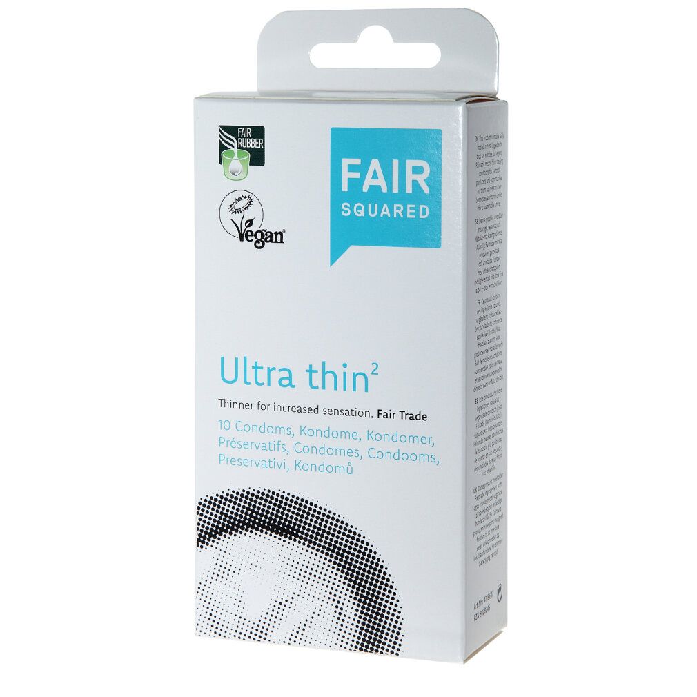 Boîte de préservatifs "Fair Squared Ultra thin". Logo Fair Rubber et Vegan. Emballage avec crochet de suspension.