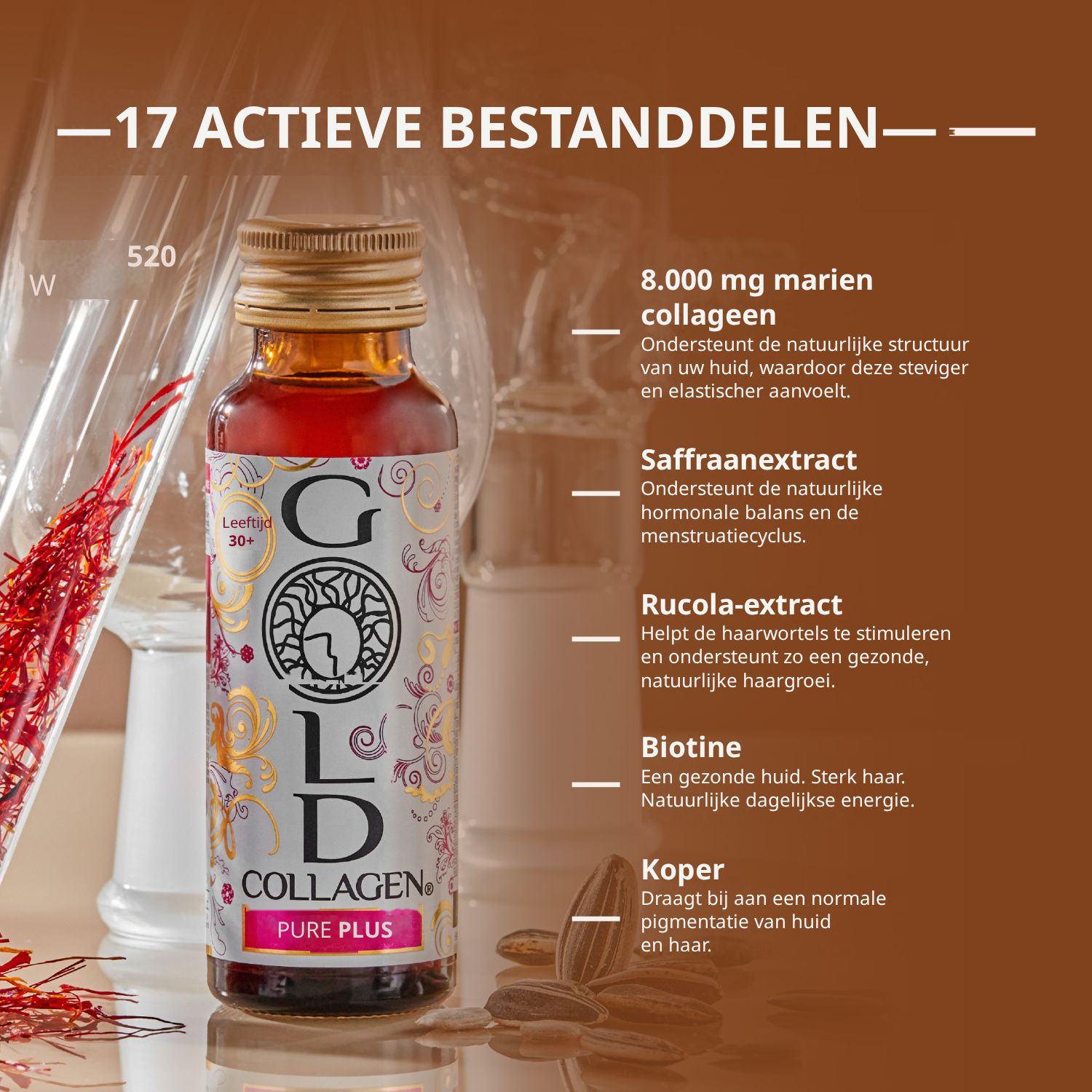 Flesje Gold Collagen Pure Plus met aanduidingen over ingrediënten, GGO-vrij.