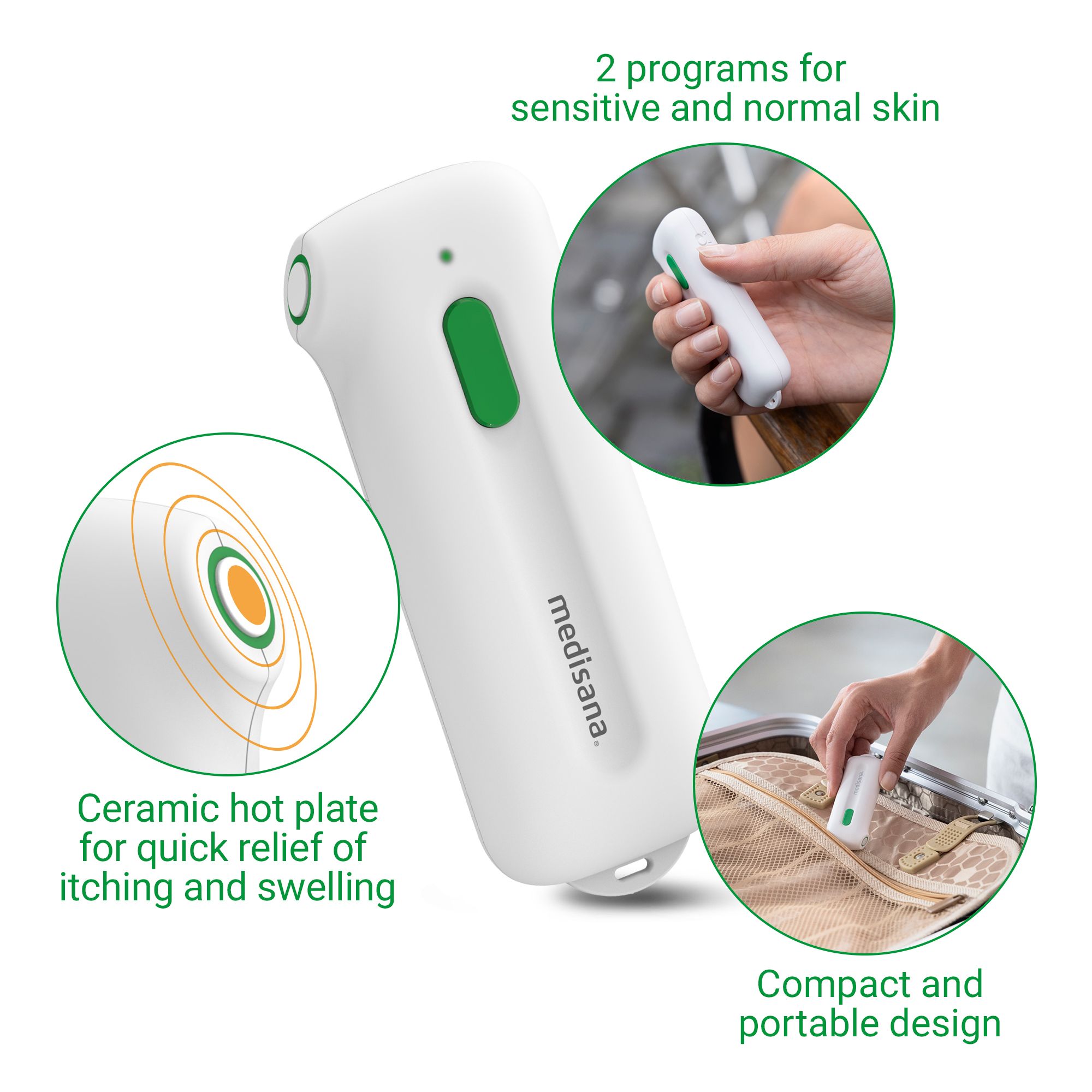 Femme utilise appareil blanc à l'extérieur. Pour piqûres. Appliqué sur le bras.