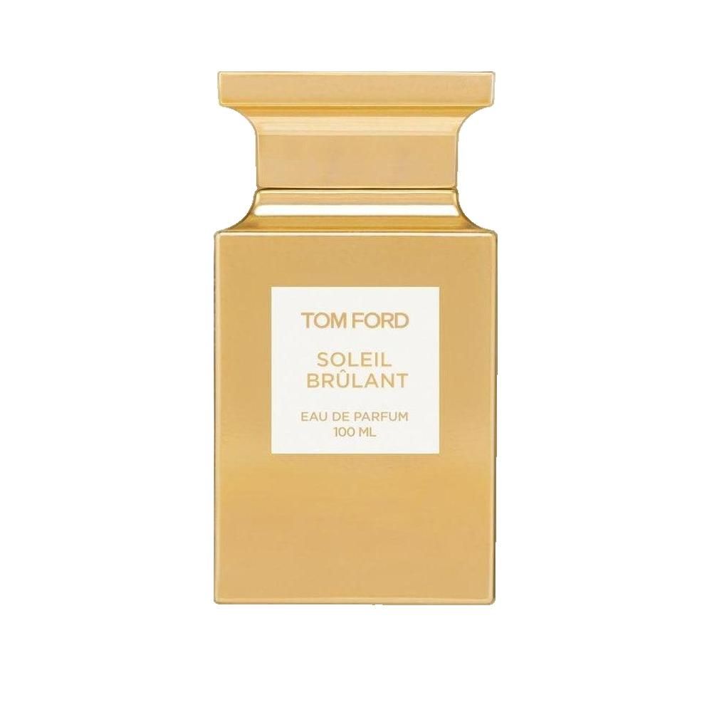 Gouden fles met vierkant lichaam en rechthoekig etiket. Opschrift: Tom Ford Soleil Brûlant, Eau de Parfum.