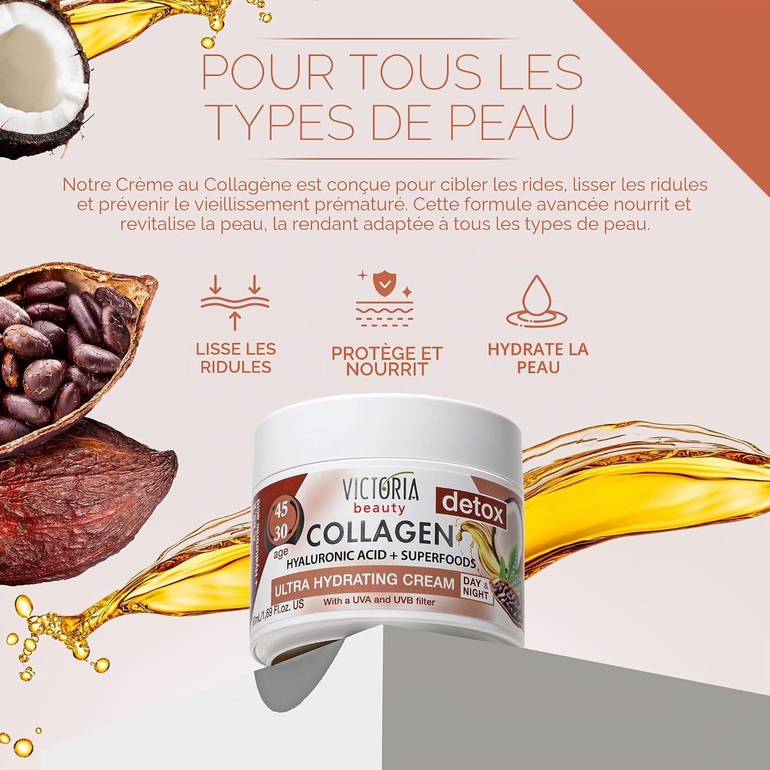 Pot de crème au collagène Victoria Beauty avec noix de coco et éclaboussures d'huile.