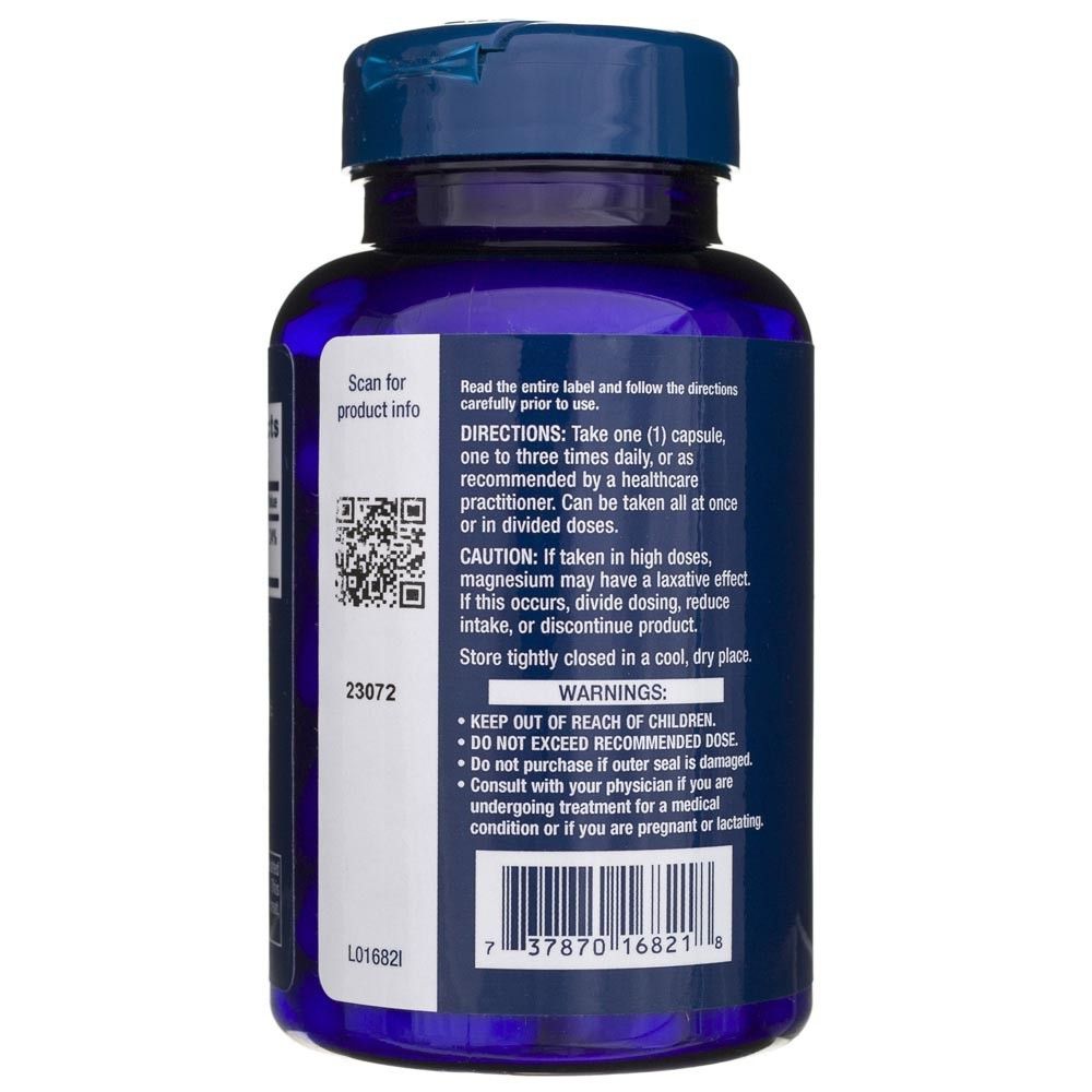 Arrière d'une bouteille bleue de Life Extension Magnesium (Citrate) 100 mg. Comprend les instructions, les avertissements et le code-barres.
