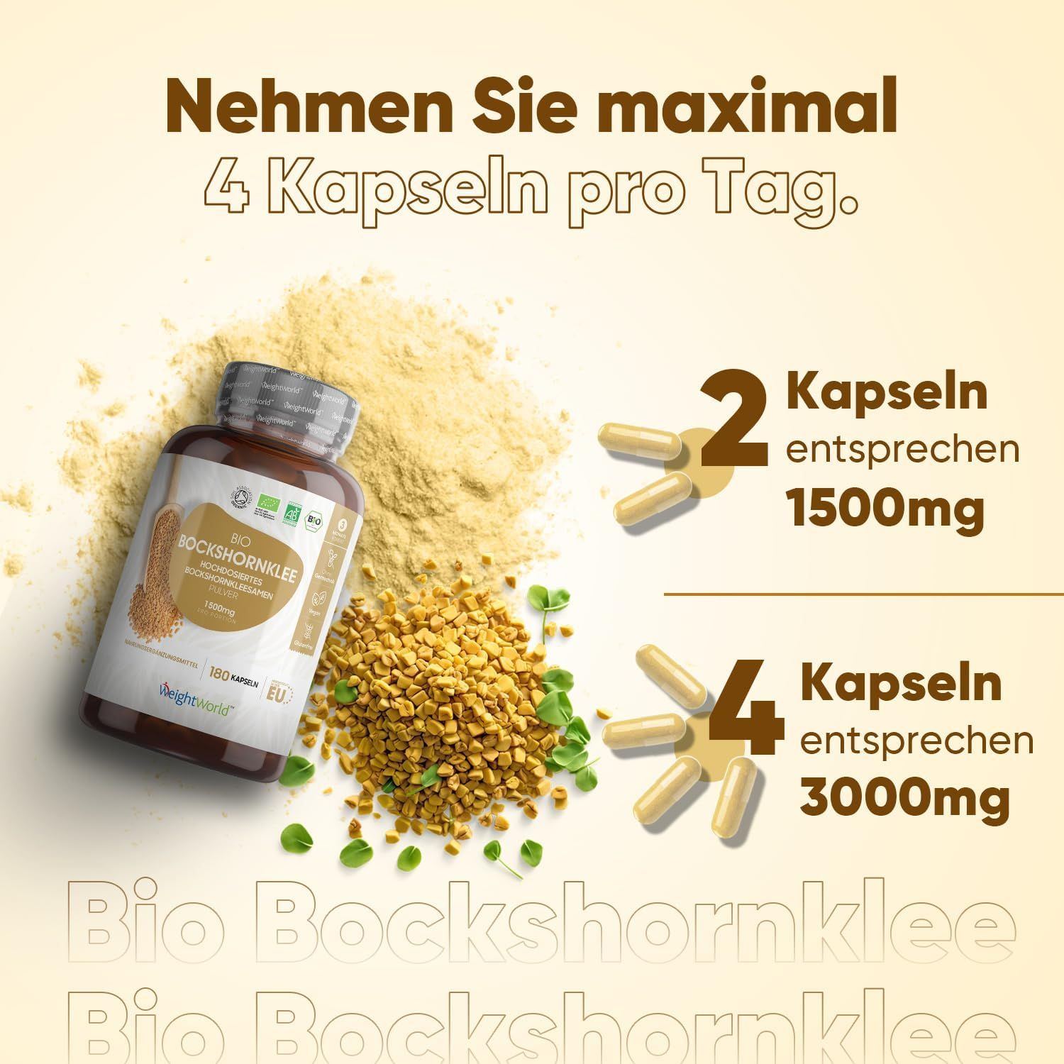Reclame met fles en capsules. Tekst: Neem maximaal 4 capsules per dag. 2 capsules komen overeen met 1500mg, 4 capsules met 3000mg.
