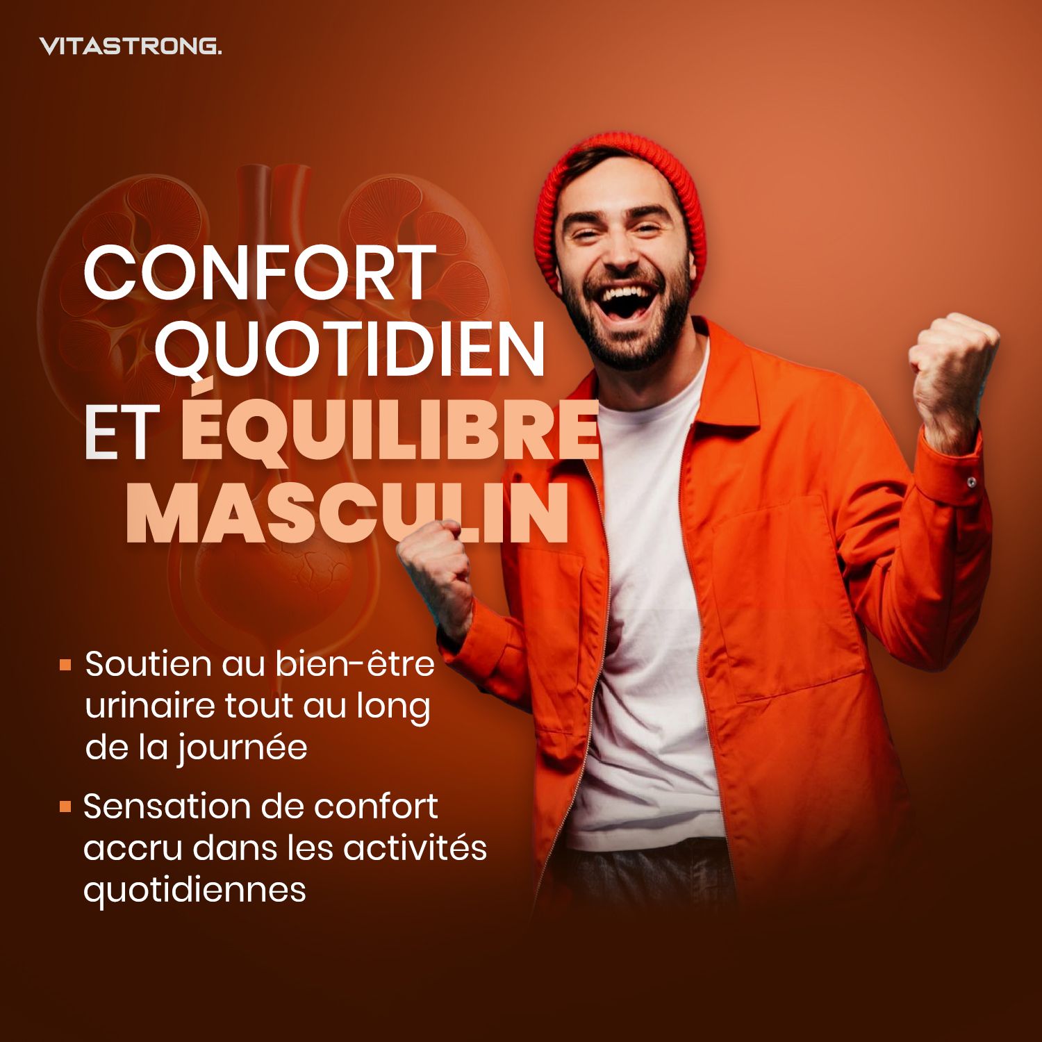 Vitastrong Prosta Pro. Man in rode jas. Tekst: Dagelijks comfort en mannelijk evenwicht. Ondersteuning.