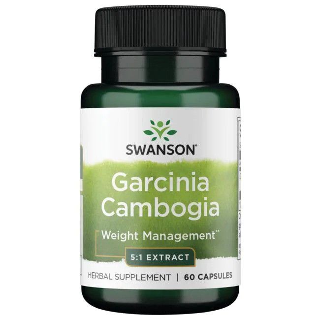 Flacon vert SWANSON Garcinia Cambogia. Inscription: 5:1 extrait, 60 capsules. Bouchon noir.