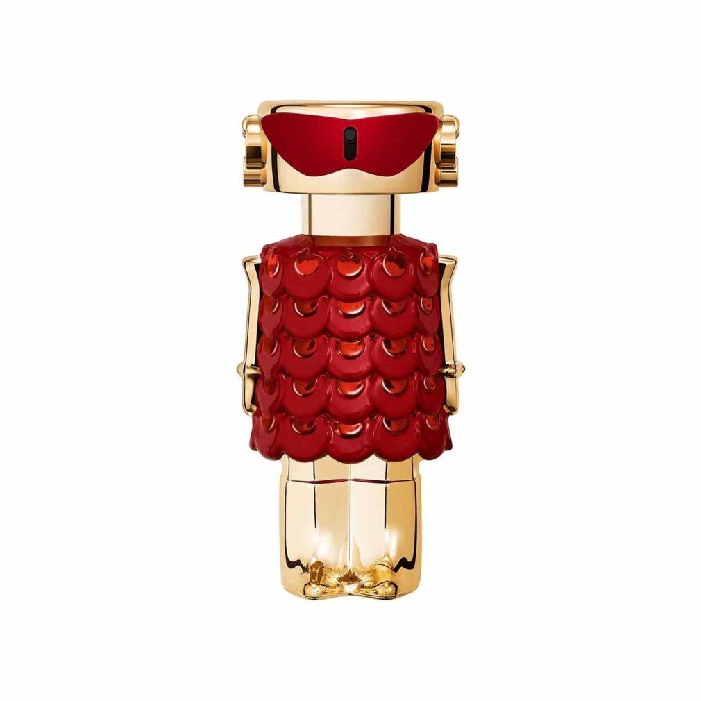 Flacon de parfum robot doré avec motif d'écailles rouges et lunettes de soleil.