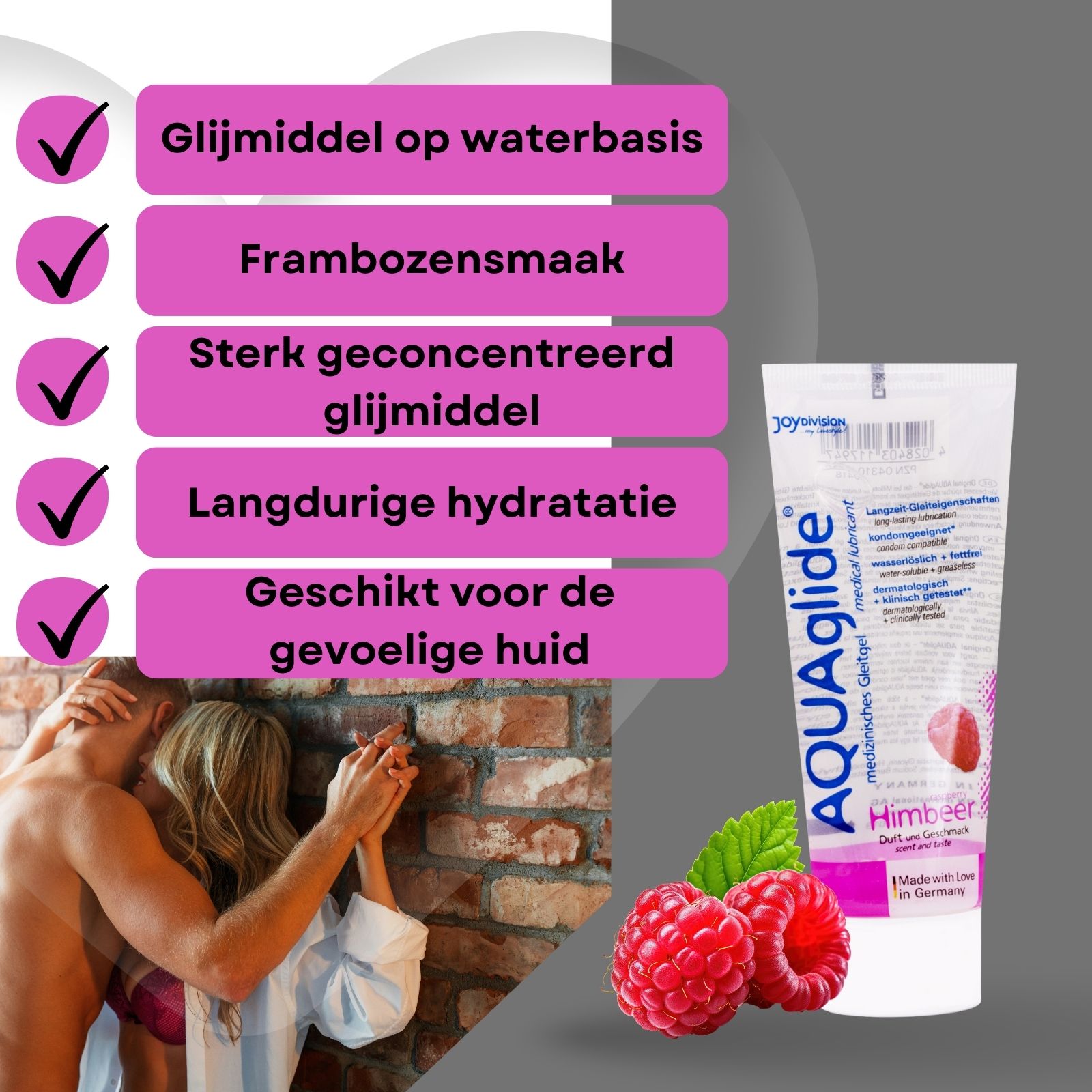 Tube AQUAglide glijmiddel Himbeere. Koppel omarmt elkaar. Tekst: glijmiddel op waterbasis, frambozensmaak, voor anale seks.