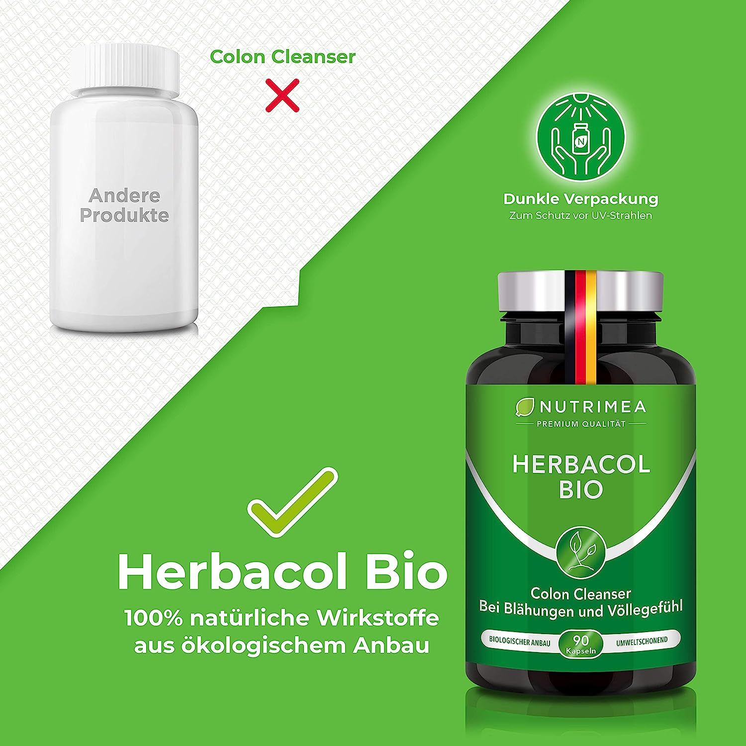 Vergelijking van HERBACOL BIO met ander product. HERBACOL BIO, 100% natuurlijke ingrediënten uit biologische landbouw.