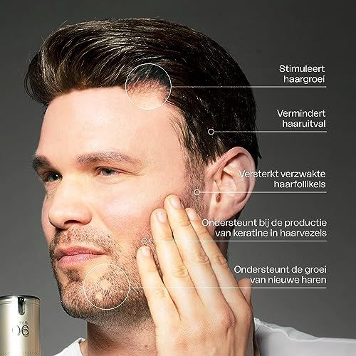 Man met gemarkeerde gebieden. Tekst: Stimuleert haargroei, Vermindert haaruitval, Versterkt haarzakjes.
