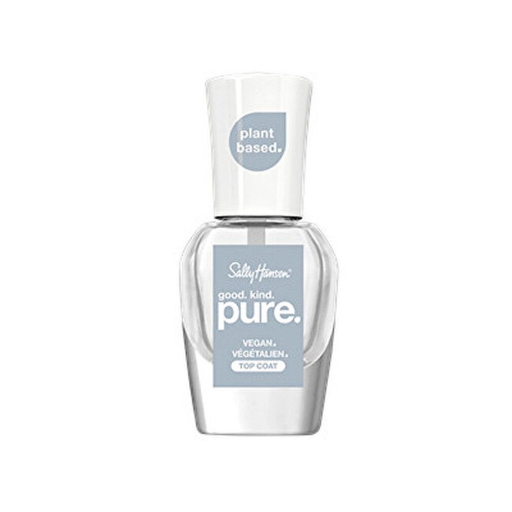 Flacon de vernis à ongles transparent avec bouchon blanc. Étiquette : "Sally Hansen good. kind. pure. VEGAN. VÉGÉTALIEN. TOP COAT".
