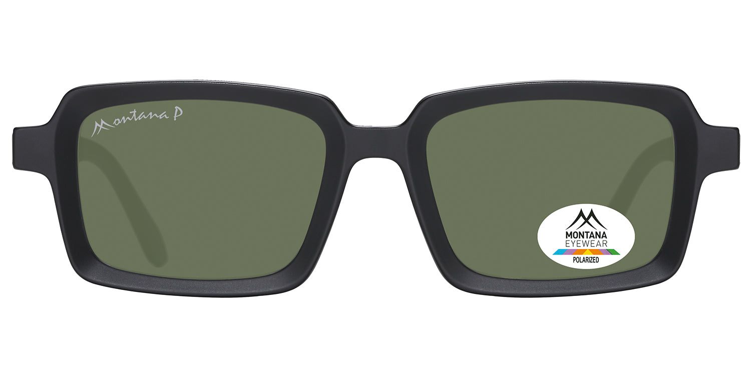 Lunettes de soleil noires à verres rectangulaires verts. Logo Montana Eyewear et sceau polarisé.