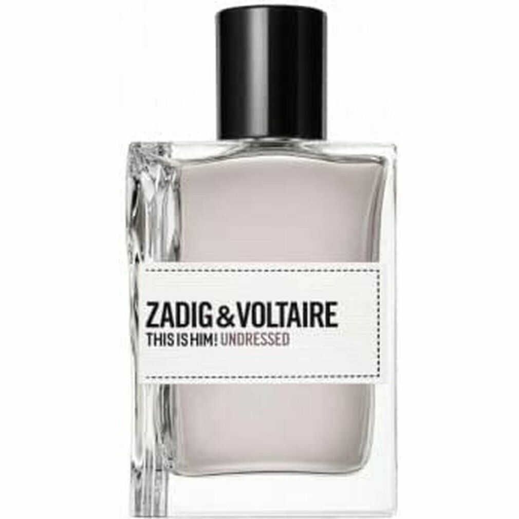 Zadig & Voltaire This Is Him! Undressed Eau de Toilette. Rechthoekige glazen fles met zwarte dop en wit etiket.