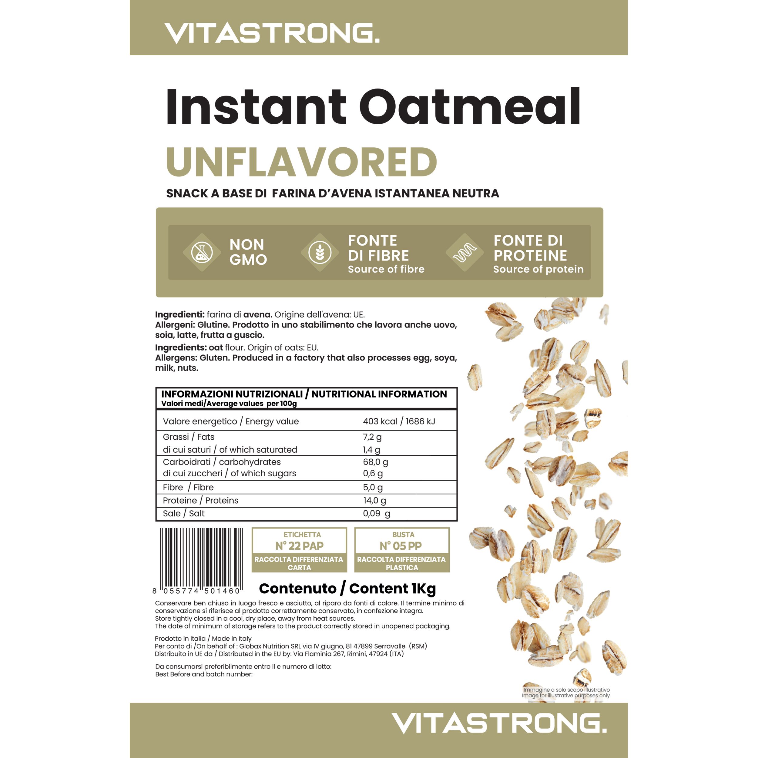 Vitastrong Instant Oatmeal, ongekruid. Verpakking met voedingswaarde-informatie en ingrediëntenlijst. Illustratie van havervlokken.