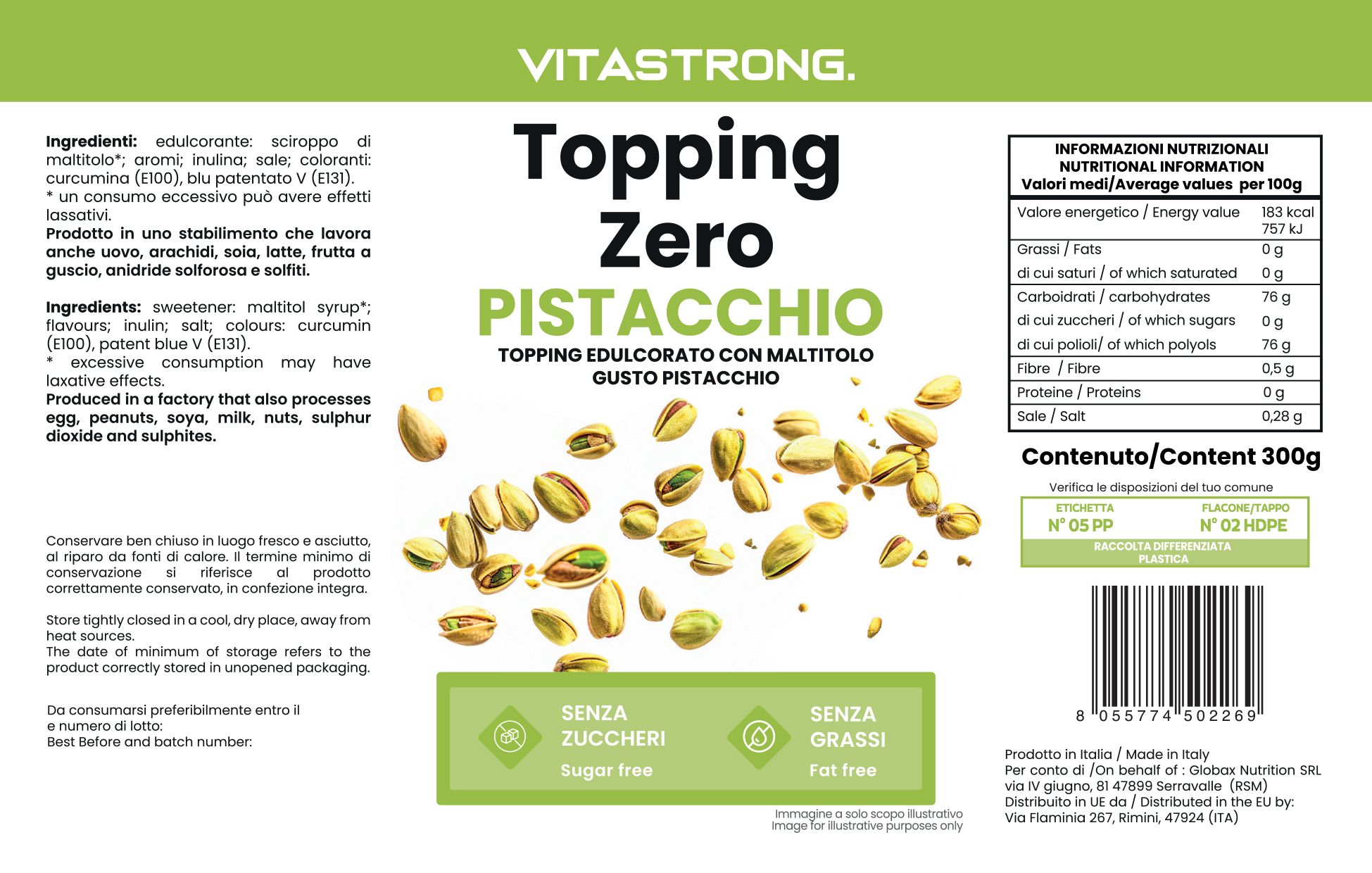 Etiket met opschrift: Vitastrong Topping Zero Pistacchio. Bevat voedingswaarde-informatie en afbeelding van pistachenoten.