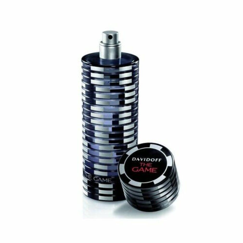 Flacon et bouchon Davidoff The Game. Flacon cylindrique design noir et blanc. Bouchon noir avec logo.