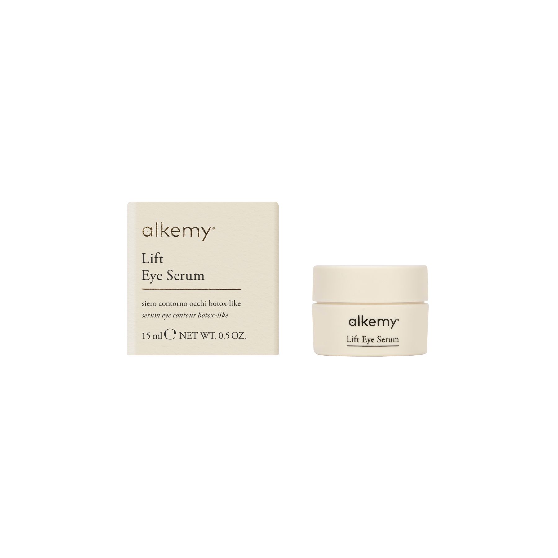 Alkemy Lift Eye Serum potje en vouwdoosje.