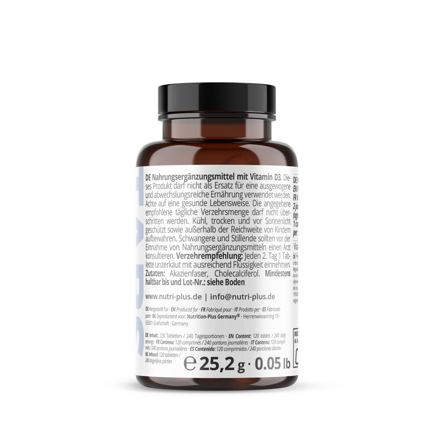 Grafiek met fles Vitamine D3 2000 IE, 120 tabletten. 120 tabletten per dosis, 8 maanden, 1 tablet om de 2 dagen, 50µg.