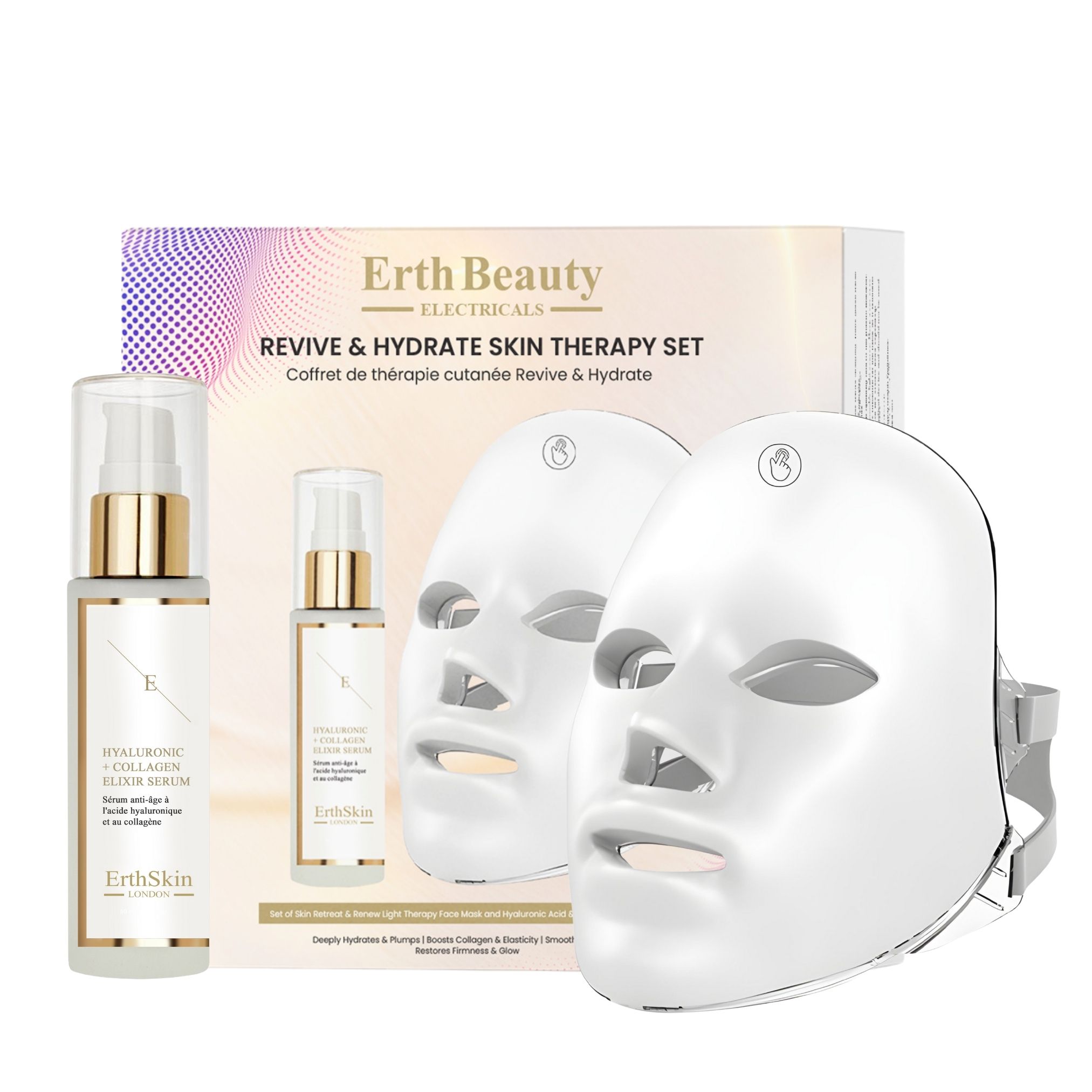 Cadeauset met twee LED-gezichtsmaskers, twee serumflacons en verpakking. Opschrift: ErthSkin London. Revive & Hydrate Skin Therapy Set.