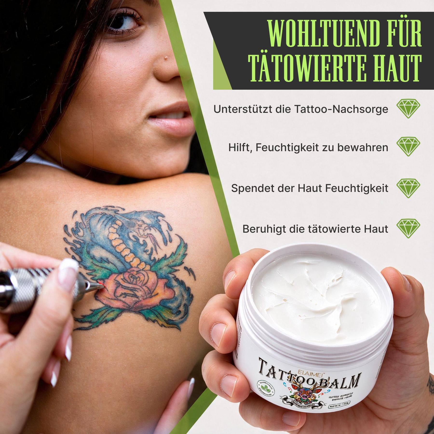 ELAIMEI Tattoo Balm voor getatoeëerde huid, ondersteunt nazorg en hydratatie.