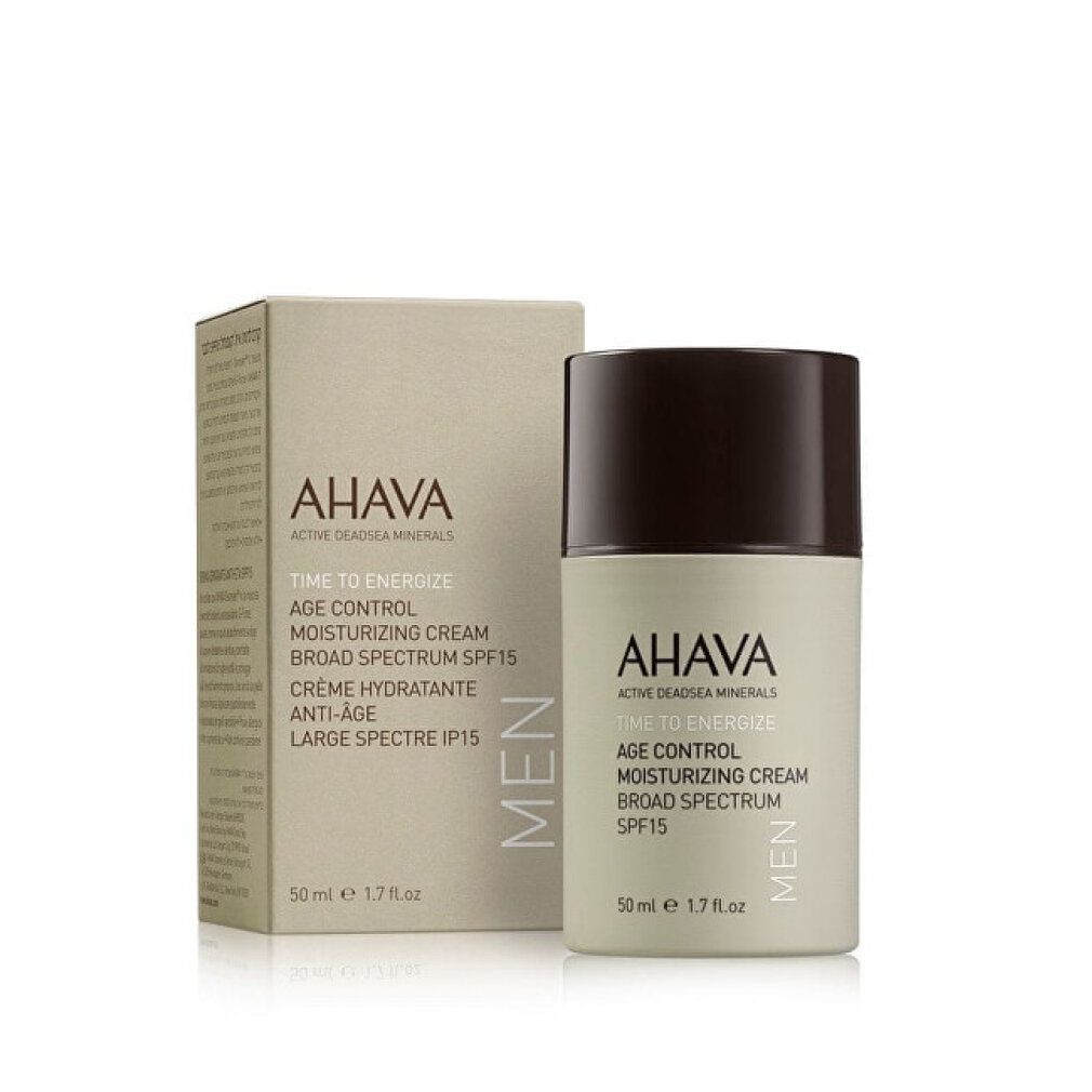Crèmefles en verpakking. AHAVA-logo en productaanduidingen. Tekst: TIME TO ENERGIZE, AGE CONTROL, SPF15. Crème voor mannen.