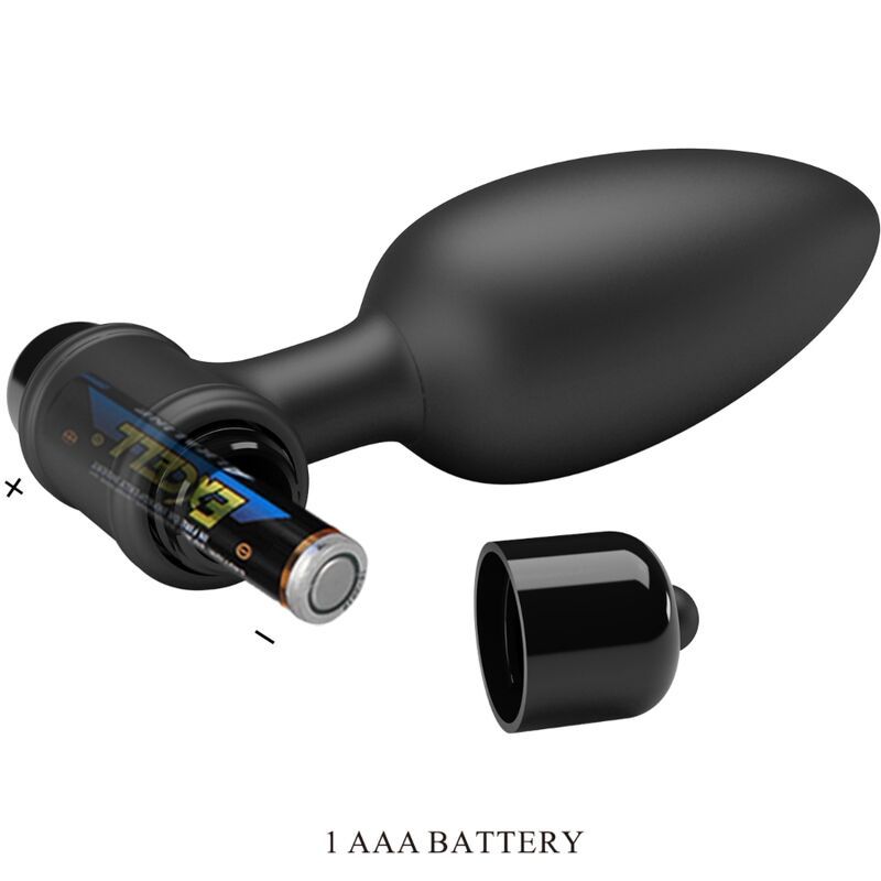 Zwarte vibrerende anale plug met brede basis en bedieningselementen. Glad oppervlak, ergonomische vorm.