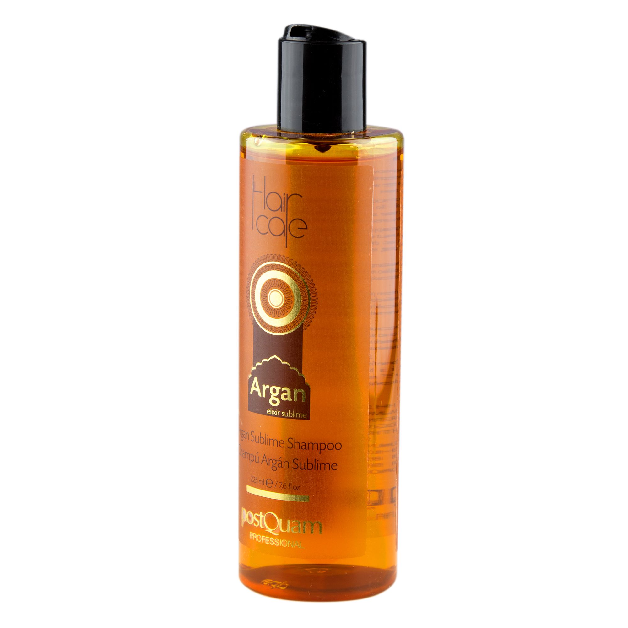 Fles shampoo met arganolie. Bruine vloeistof, zwarte dop. Opschrift: Hair care, Argan Sublime, postQuam.