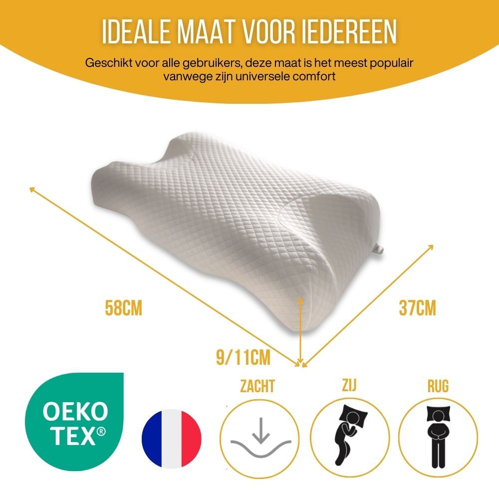 Kussen met afmetingen: 58 cm, 37 cm, 9/11 cm. Tekst: zacht gevoel, zij, rug. Oeko-Tex label.