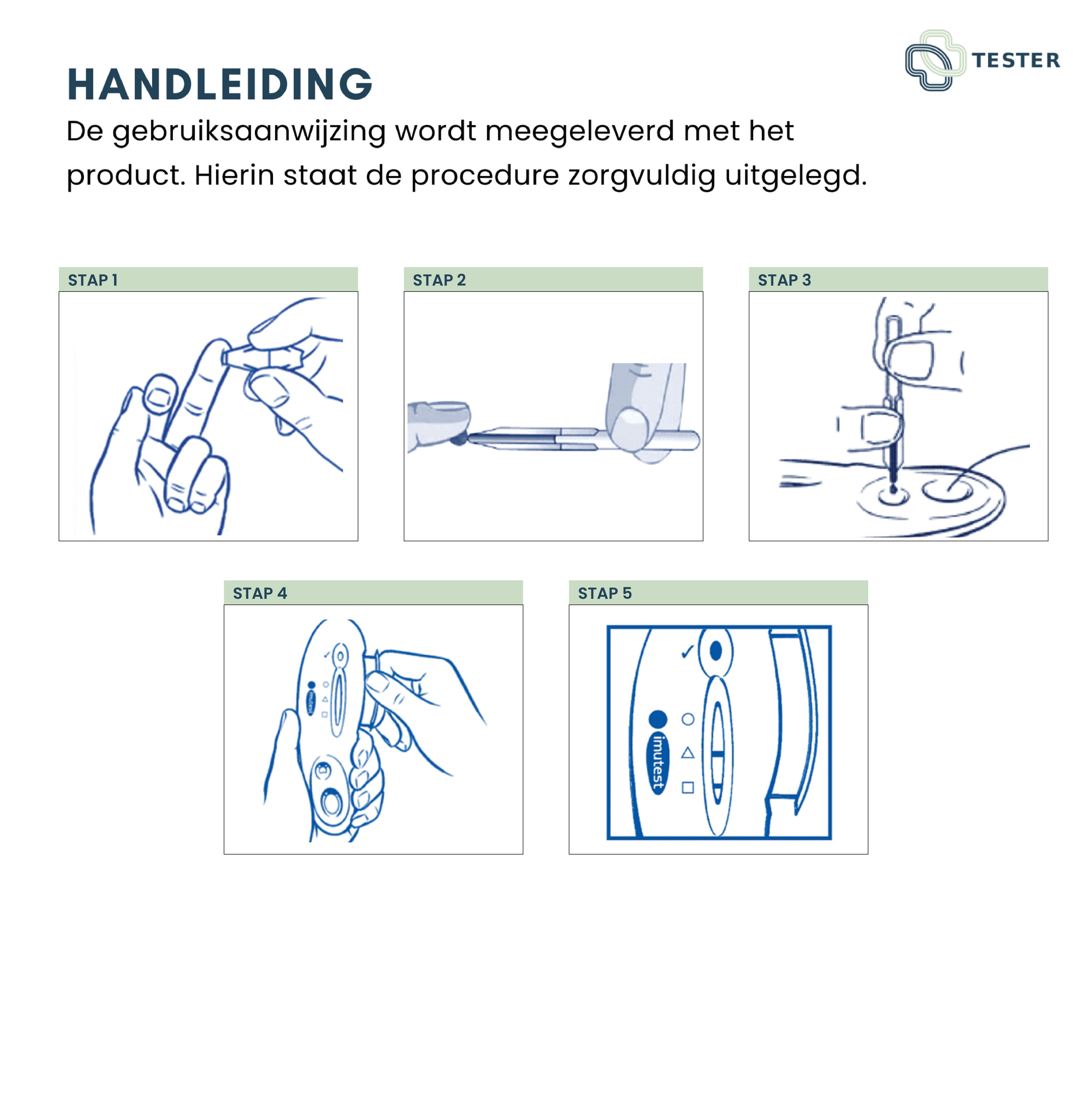 Cinq images d'instructions étape par étape. Les mains montrent l'utilisation du test. Logo en haut à droite.