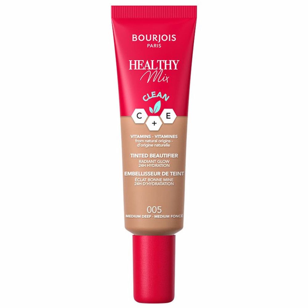 Tube Bourjois Healthy Mix Beautifier, bouchon rouge. Inscription: Healthy Mix Clean. Teinte 005.