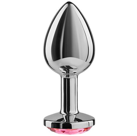 Plug anal en métal avec une tête effilée et une pierre rose facettée à la base.
