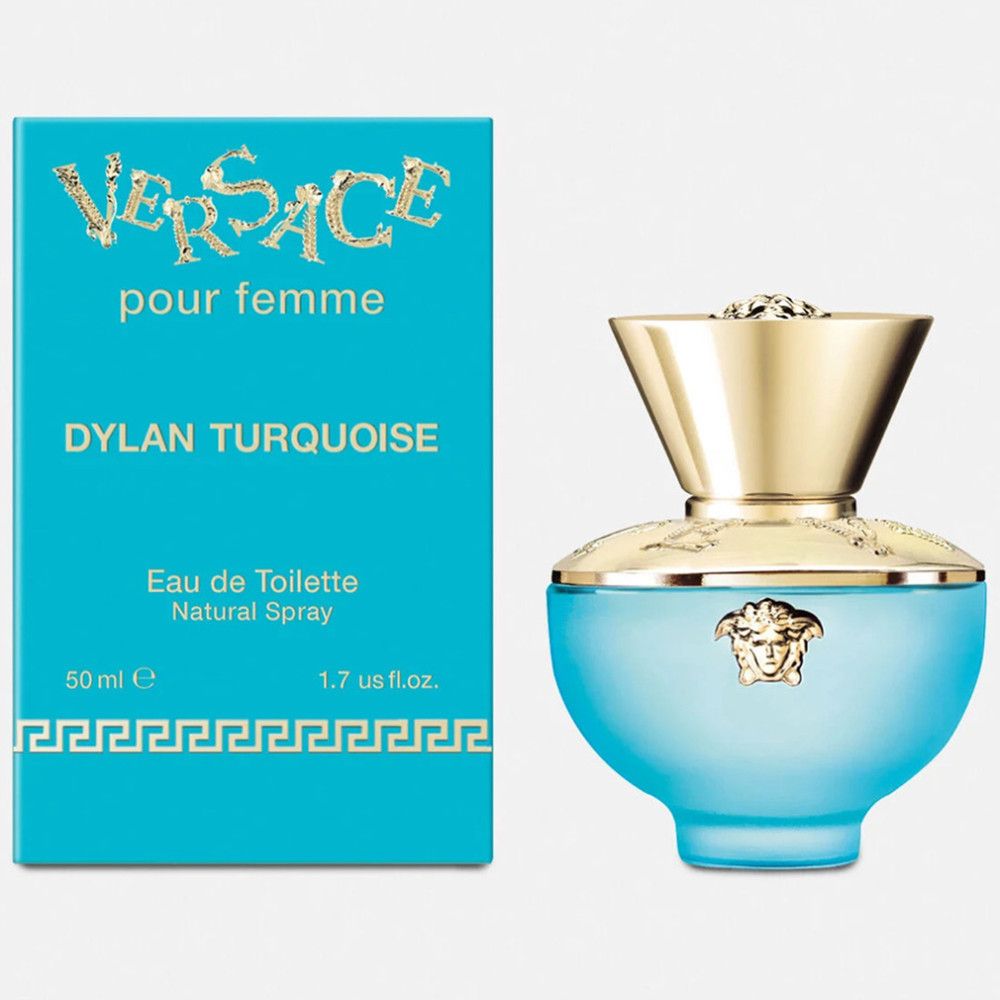 Turquoise fles met gouden dop en verpakking. Opschrift: Versace Dylan Turquoise.