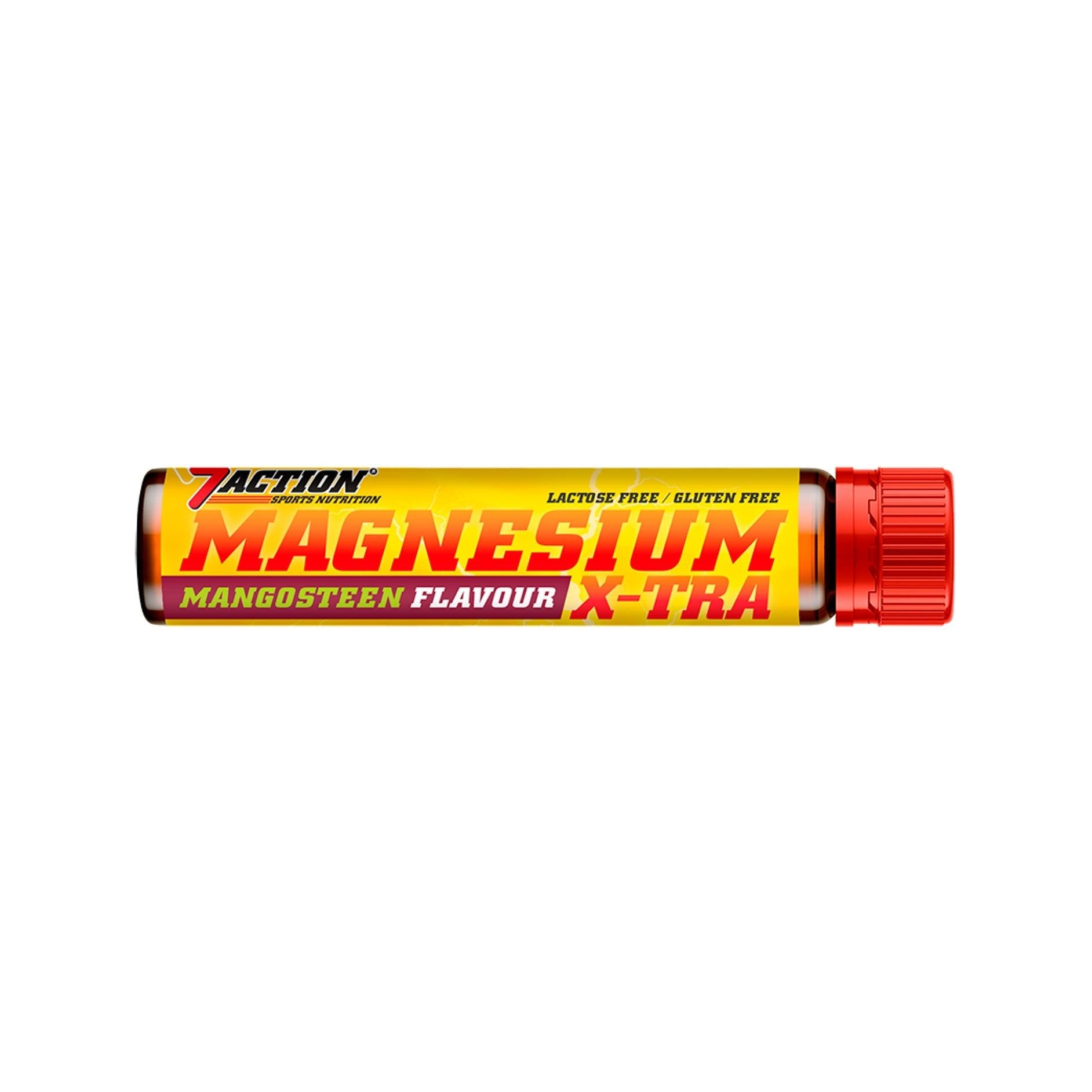 Gele Magnesium X-Tra-staaf met rode dop. Opschrift: 7Action, Magnesium, Mangosteen Flavour, X-Tra. Lactosevrij/glutenvrij.