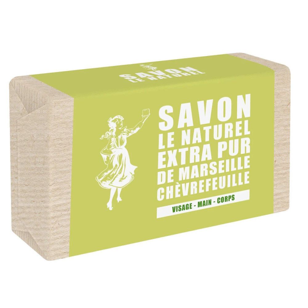 Savon emballé dans du papier. Inscription: Savon Le Naturel Extra Pur de Marseille Chèvrefeuille. Visage, mains, corps.