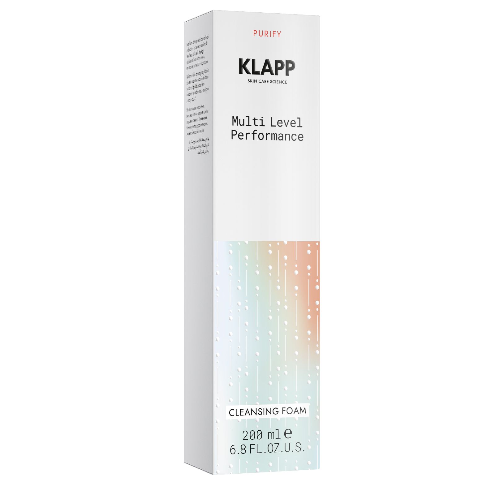 Emballage pour KLAPP Multi Level Performance Cleansing Foam, 200 ml, avec des points colorés.