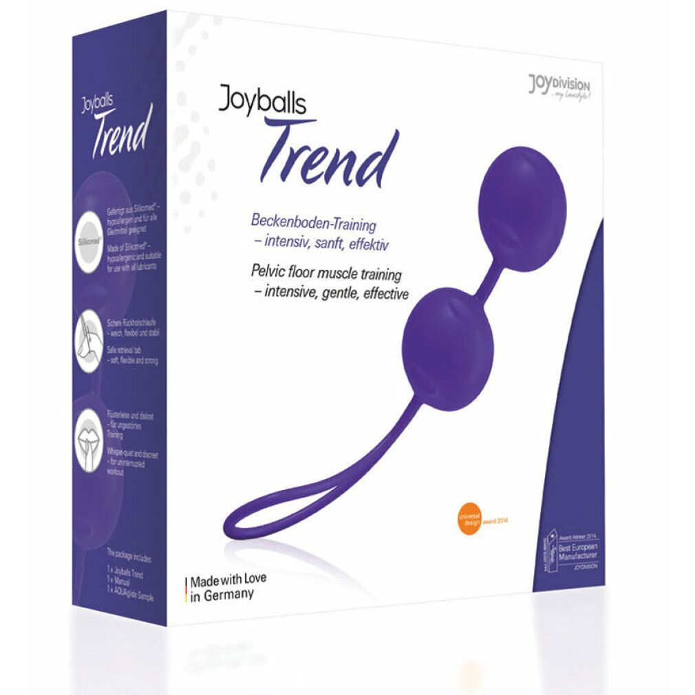 Paarse bekkenbodemtrainingsballen met koord, op verpakking met productnaam 'Joyballs Trend'.